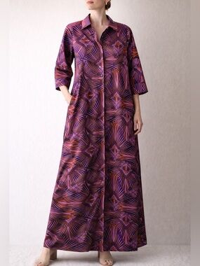 Perlavera Nico Maxi Dress Shirt Palm Print Purple Pink Button Front Size Large